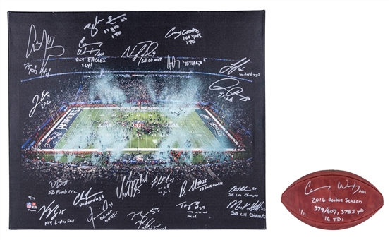 2018 Philadelphia Eagles Team Signed & Inscribed 23x27 Framed Canvas Including Carson Wentz Signed & Multi-Inscribed Football (Fanatics & JSA)